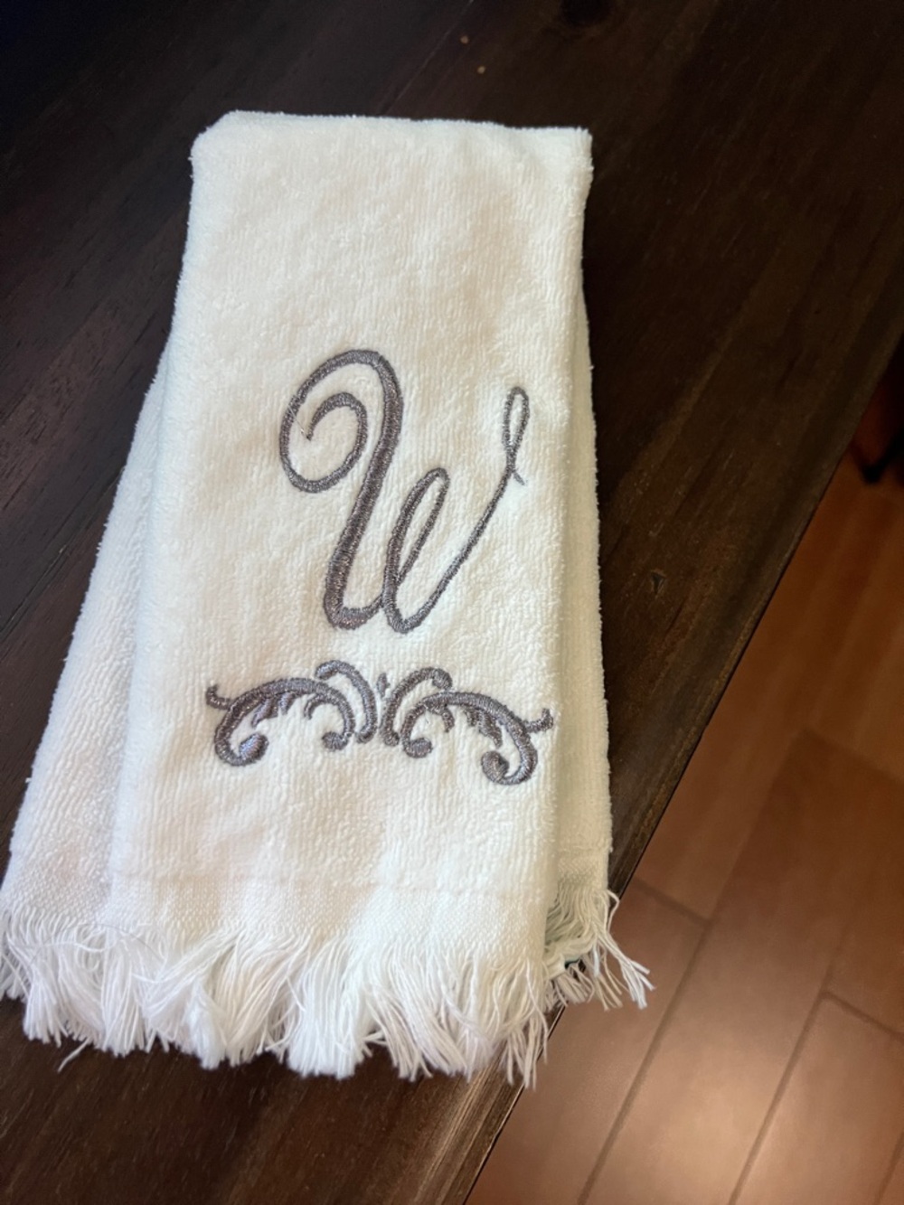 “W” Monogrammed White Hand Towel with Silver/Gray Embroidery